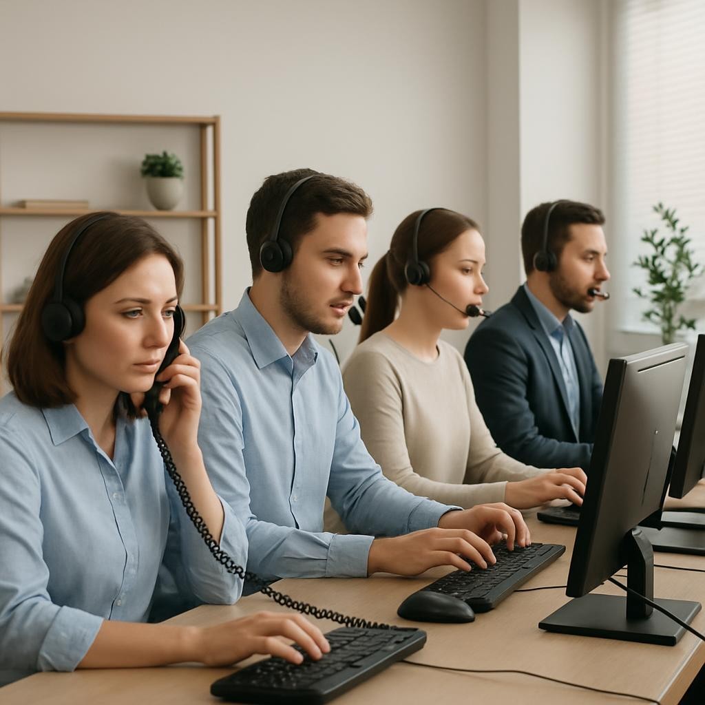 una imagen de un pequeño grupo de soporte atendiendo solicitudes por teléfono en una oficina local