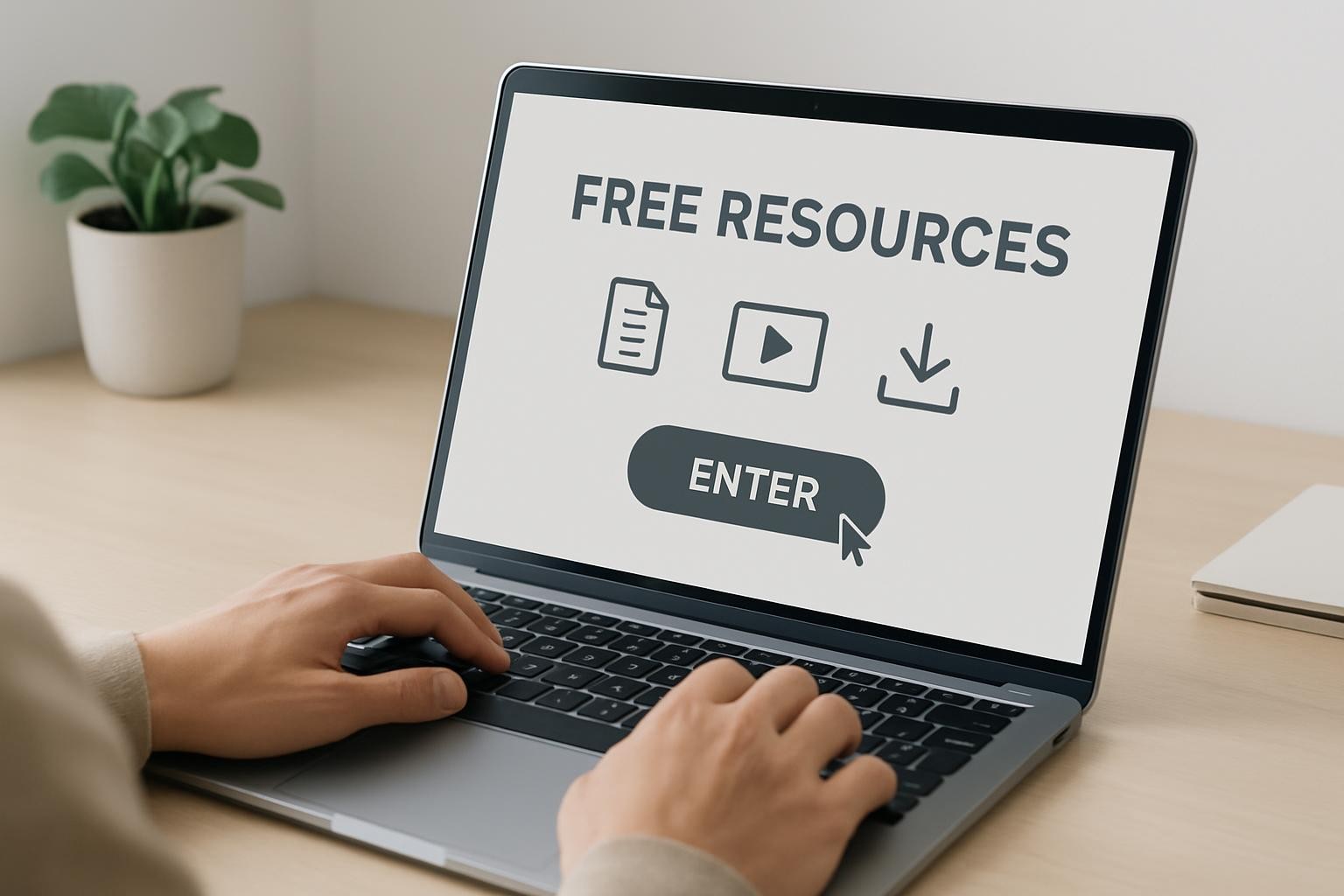 Una persona entrando en una laptop a un portal con recursos gratuitos